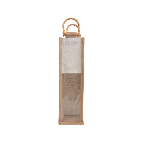 Sac porte-bouteilles en jute, avec fenetre en PVC transparente et hanses en bambou (1 bout - 2