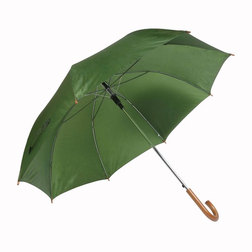 Solid-colour automatic umbrella with steel shaft and ferrule, curved wood handle