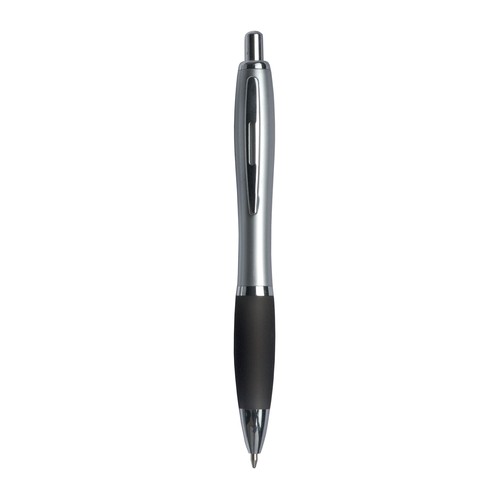 Plastic snap pen with silver barrel, rubberised coloured grip and metal clip, jumbo refill