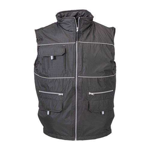 Padded, water-resistant polyester vest with reflective piping and pongee mesh inner lining