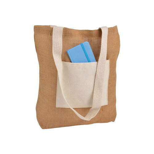 Shopper avec soufflet à la base en Jute avec anses et poche externe (18 x 15 cm) en coton - 1