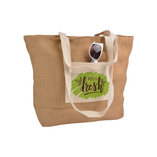 Shopper avec soufflet à la vase en Jute avec anses et poche externe (18 x 15 cm) en coton - 3