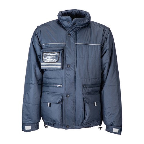 Padded pongee polyester jacket with removable sleeves and identification badge pocket