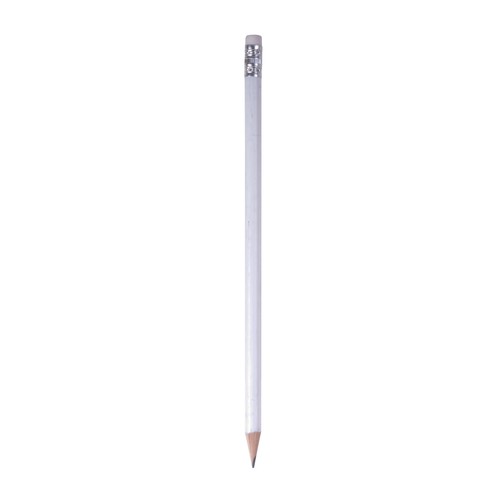 Wooden pencil with graphite lead, cylindrical cross-section and white rubber, sharpened
