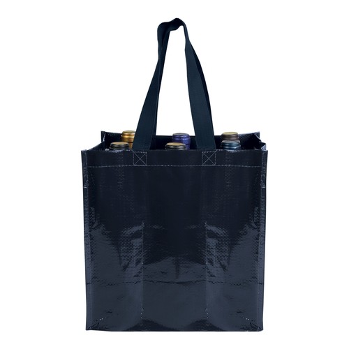 Shopper porte-bouteilles (6) en PP laminé 120g/m2, anses courtes en ruban - 2