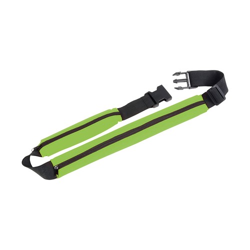 Slim, spandex 2-pocket waist bag with adjustable waist strap and clip closure