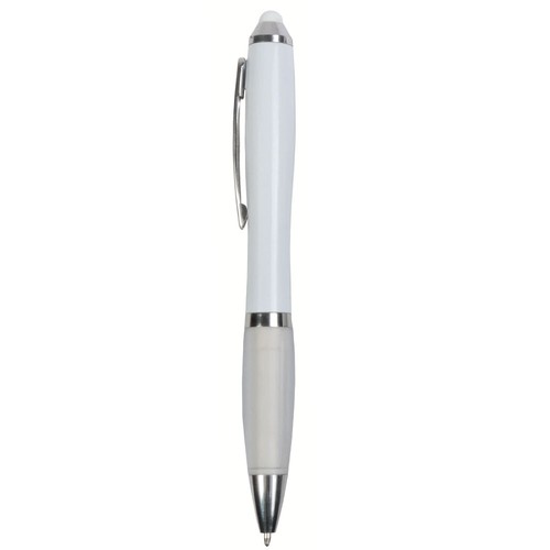 Plastic twist pen with white barrel, rubberised coloured grip