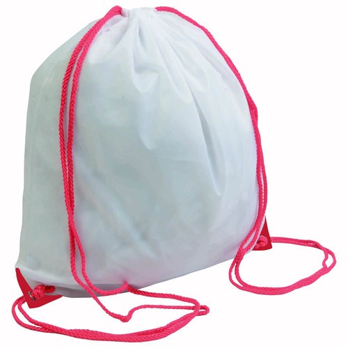 White 210T polyester backpack with drawstring closure, reinforced corners