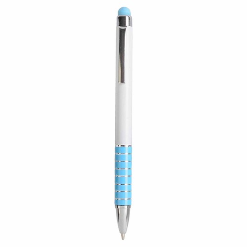 Twist pen with white plastic barrel and coloured aluminium grip, matching the touchscreen