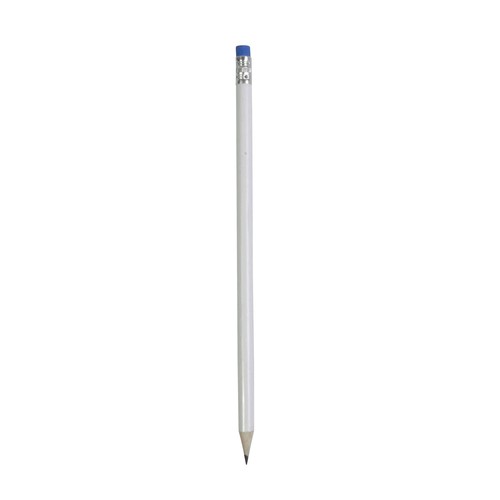 White wooden pencil with graphite lead, cylindrical cross-section and coloured rubber