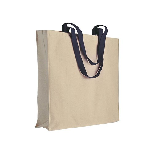 Shopper avec soufflet en coton naturel 220g/m2, anses longues colorées - 1