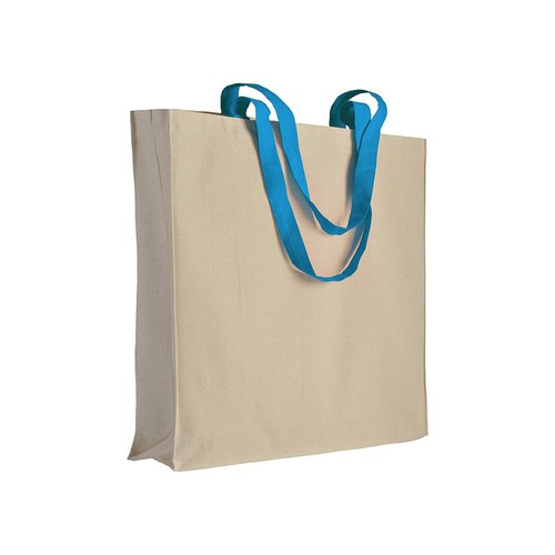 Shopper avec soufflet en coton naturel 220g/m2, anses longues colorées - 1