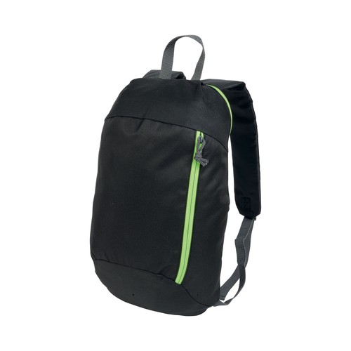 Black 600D polyester backpack with 2 pockets and coloured zips. Padded straps and back