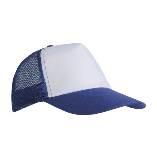 Polyester 5-panel cap with mesh crown and adjustable velcro strap