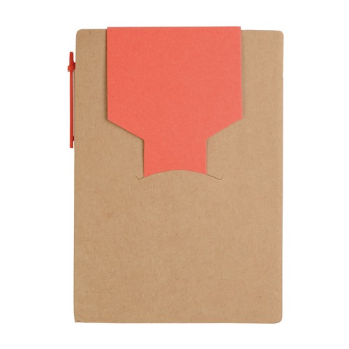 Recycled-paper notepad with cardboard pen and sticky notes