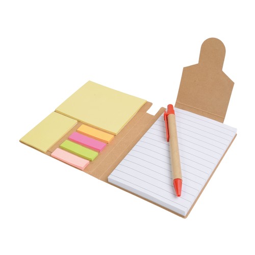 Recycled-paper notepad with cardboard pen and sticky notes Recycled-paper notepad with cardboard pen and sticky notes