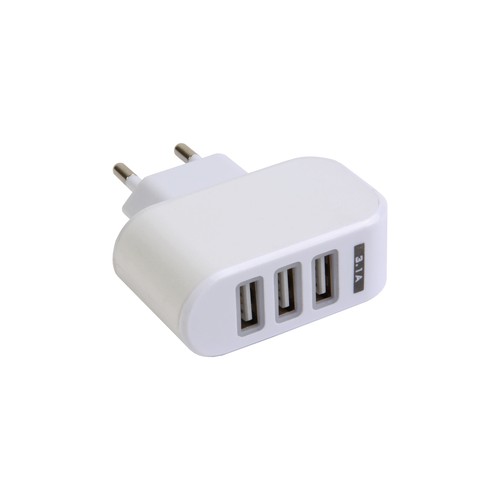 Plastic multi-port USB wall charger with 3 ports (5 V-1000 mA each)