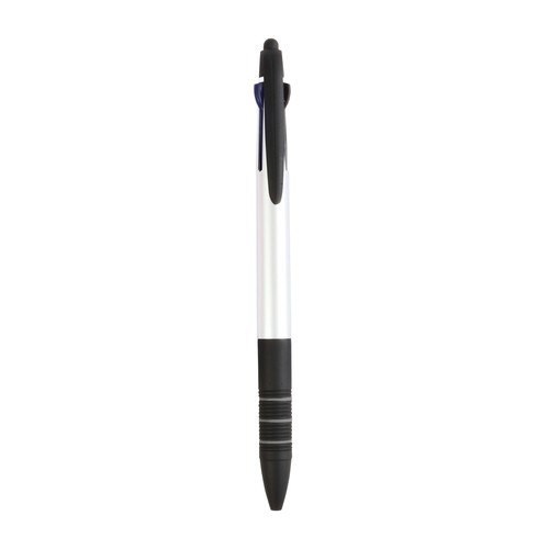 Plastic snap pen with 3 refills in blue, black and red, and touchscreen rubber tip