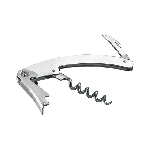 SACACORCHOS, ABREBOTELLAS, CUCHILLA Y CORTADOR DE CÁPSULAS CON CUERPO DE METAL SATINADO