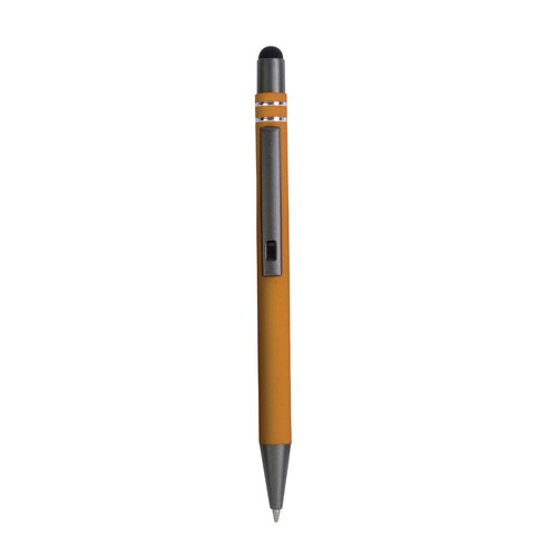 Stylo à poussoir en aluminium caoutchouté avec décoration à 2 anneaux et détails chromés personnalisé