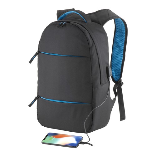 600D polyester PC backpack. Main laptop pocket and 3 front pockets. Breathable material
