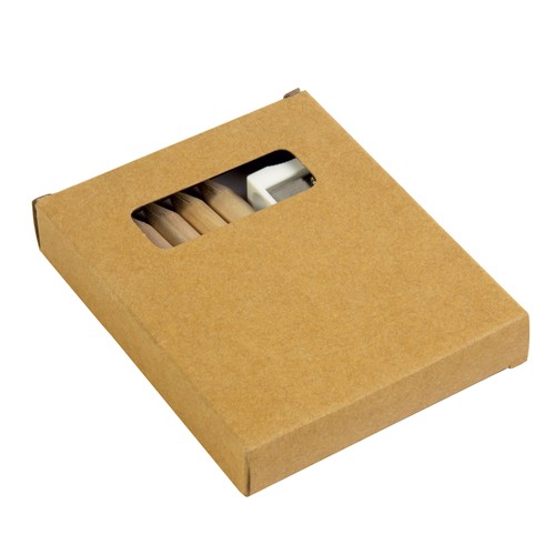 Set of 6 coloured wooden pencils, plastic sharpener and drawing album, in cardboard box
