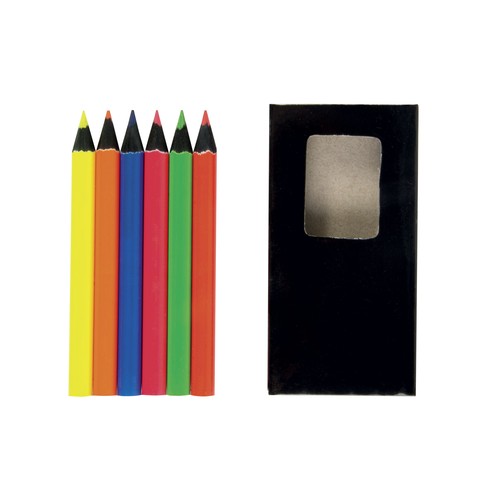 Set de 6 crayons en bois colorés fluo, section cylindrique, dans boite en bois - 2