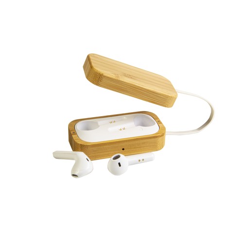 Écouteurs Bluetooth personnalisés avec étui de chargement en bambou
