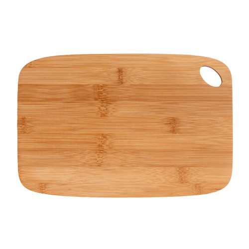 Bamboo kitchen cutting board with rounded corners and hanging hole. Bamboo kitchen cutting board with rounded corners and hanging hole.