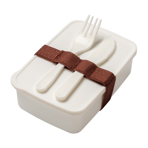 Lunch box en PP personnalisé. Couverts inclus. NE CONVIENT PAS AU LAVE-VAISSELLE ET AU MICRO-ONDES