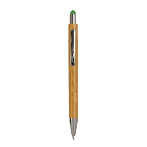 Bamboo barrel push ball pen with colored touch point and chrome tip