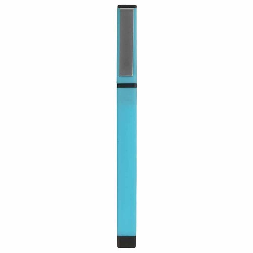 Flat, plastic rubberised pen with flat metal clip and lid