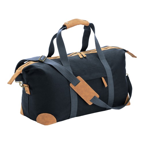 Recycled canvas duffle bag. Adjustable and removable shoulder strap with metal buckles