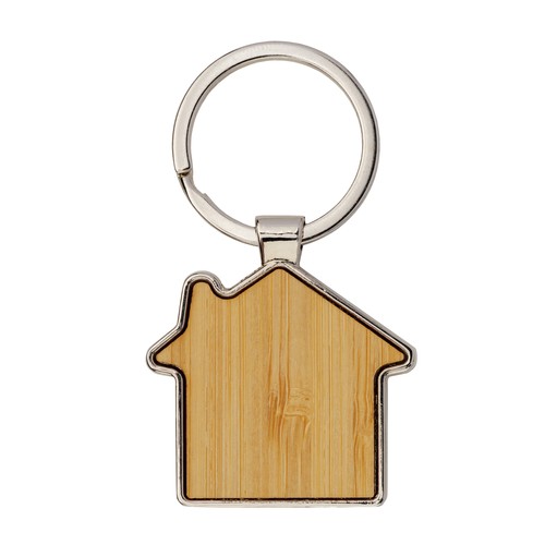 Metal keychain in the shape of a small house, with bamboo front detail Metal keychain in the shape of a small house, with bamboo front detail