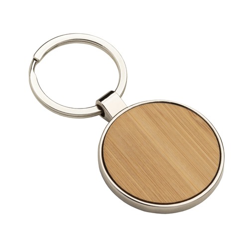 Porte-clé en métal rond, avec détail frontal en bambou - 1