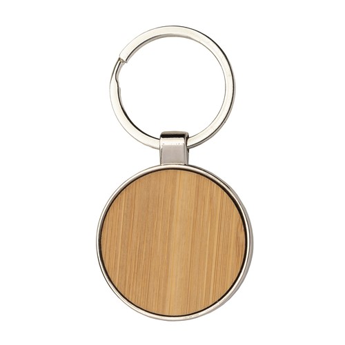 Porte-clé en métal rond, avec détail frontal en bambou - 2