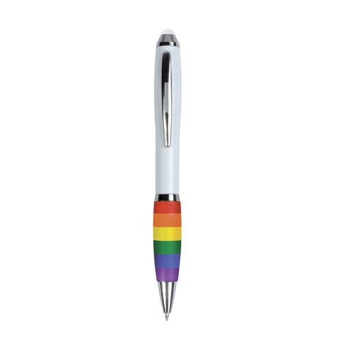 Stylo à bille en plastique personnalisé avec corps blanc, grip arc-en-ciel