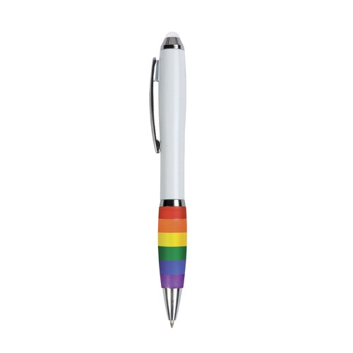 Plastic twist pen with white barrel, rainbow grip and touchscreen Plastic twist pen with white barrel, rainbow grip and touchscreen