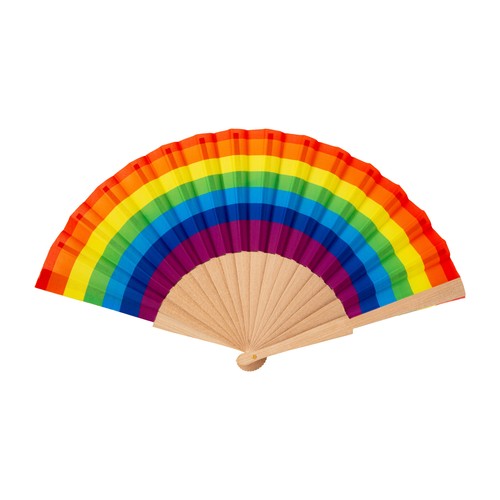 Rainbow polyester hand fan with wooden handle