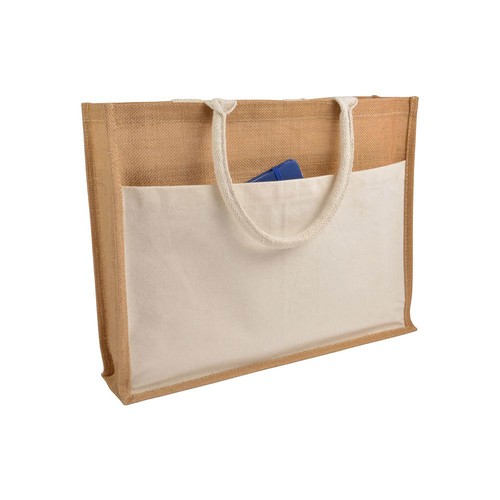 Shopper avec soufflet en Jute avec intérieur ciré,  anses et poche externe en coton - 1