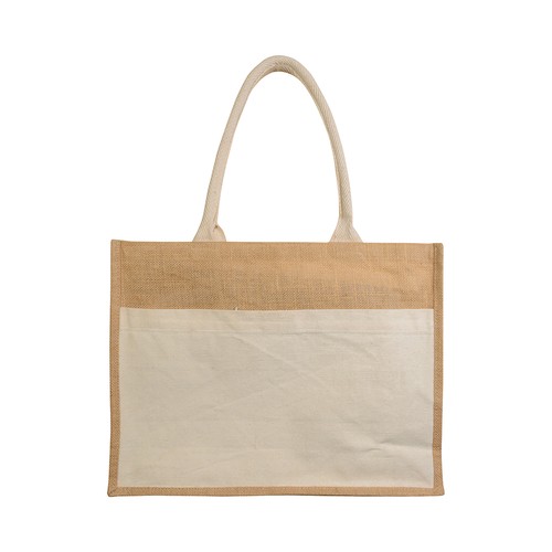 Shopper avec soufflet en Jute avec intérieur ciré,  anses et poche externe en coton - 2