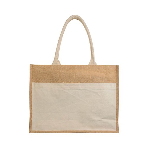 Shopper avec soufflet en Jute avec intérieur ciré,  anses et poche externe en coton - 2