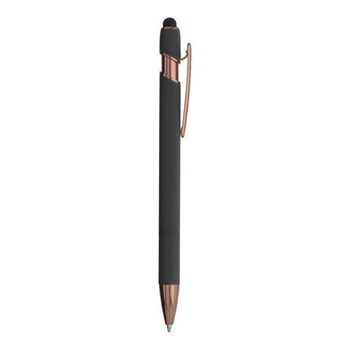 Rubberized aluminium snap pen with touch screen eraser and metal clip