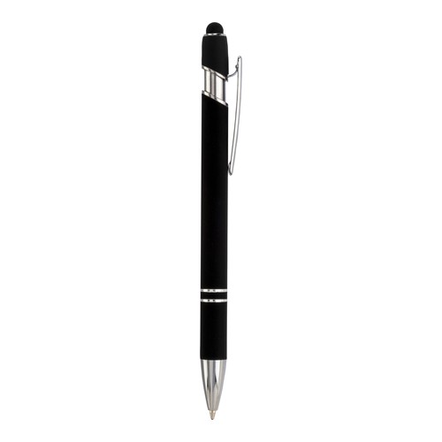 Rubberized aluminium snap pen with touch screen eraser and metal clip