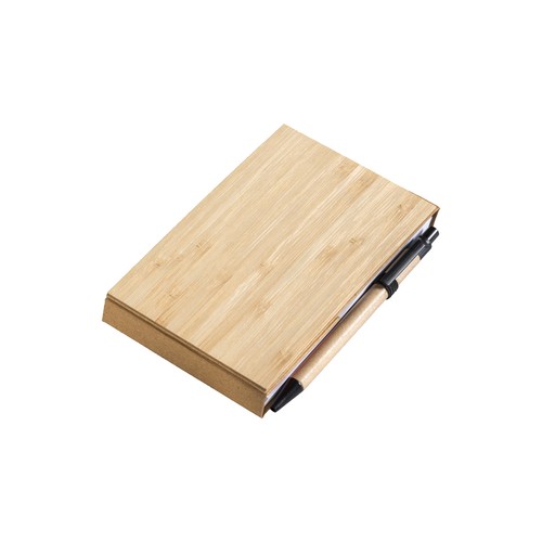 Notepad with bamboo cover (70 sheets), sticky notes, ballpen and phone holder.