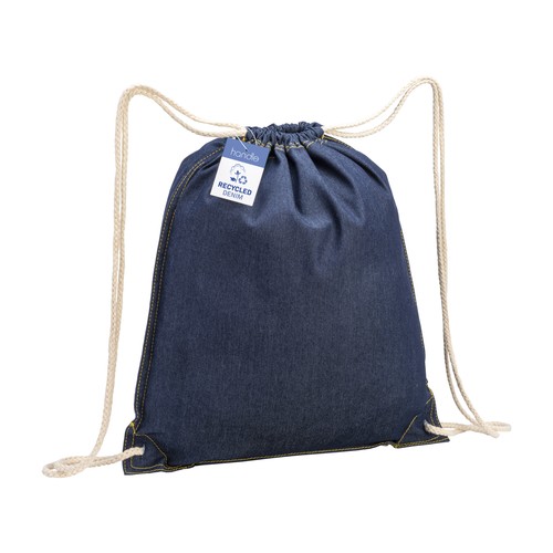 Sac à dos en coton denim recyclé, avec fermeture à cordons, angles renforcés et design personnalisé