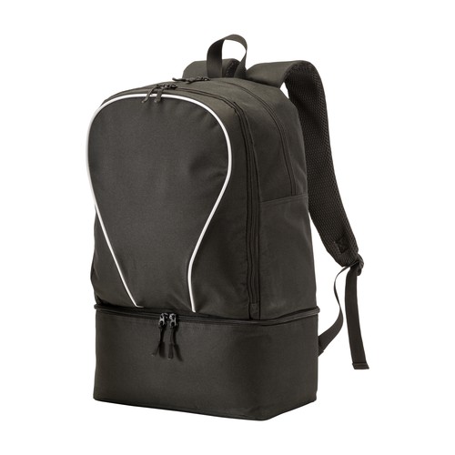 600D polyester sports backpack, large main compartment and padded shoe compartment.