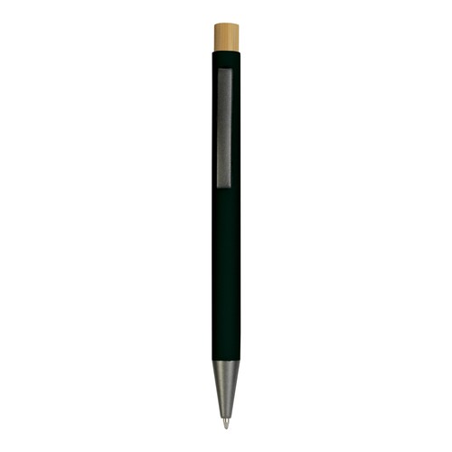 Stylo personnalisé à bouton pression en métal caoutchouté avec détails brunis et bouton en bambou