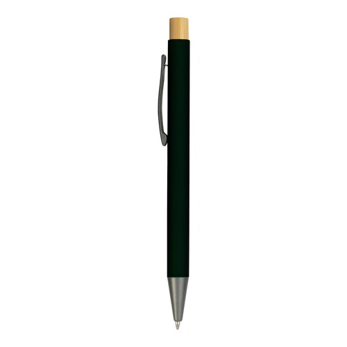 Stylo à bouton pression en métal caoutchouté avec détails brunis et bouton en bambou - 2