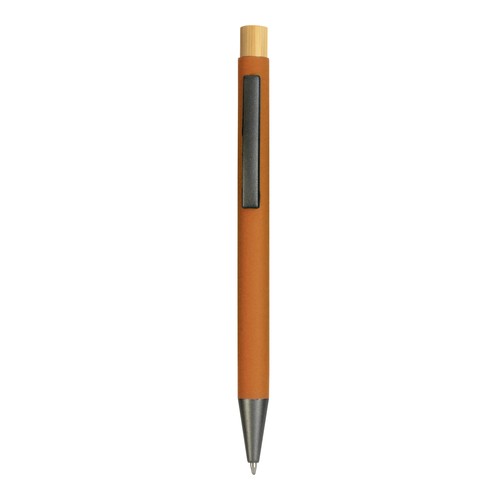 Rubberized metal snap pen with burnished details and bamboo button